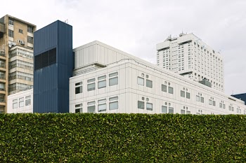 White and Blue High-rise Building Behind Bush Wall