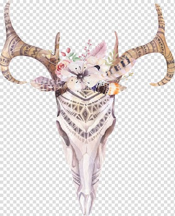 White and brown animal skull illustration, Cattle Boho-chic Skull Watercolor painting , Indian tribes Sheepshead flowers hand drawing transparent background PNG clipart