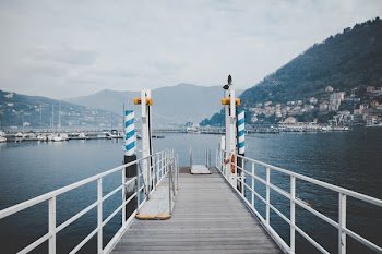 White and Brown Pathway Above Body of Water in Front of cityscape