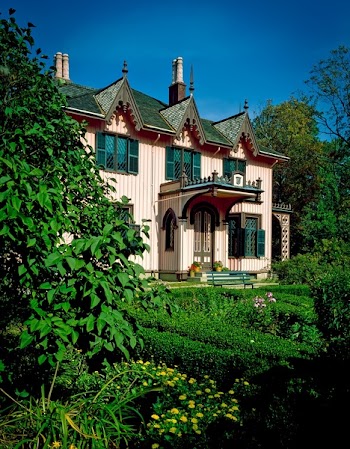 White and Green House With Hedge Garden Surrounded by Trees Painting