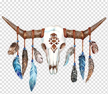 White animal skeleton with hanging feathers illustration, Texas Longhorn Skull Bull Boho-chic, Sheep skull transparent background PNG clipart