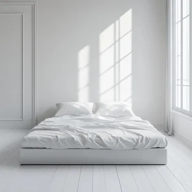 White bedroom with minimalist decor, bed, white mattress, and window White bedroom with minimalist decor, bed, white mattress, and window