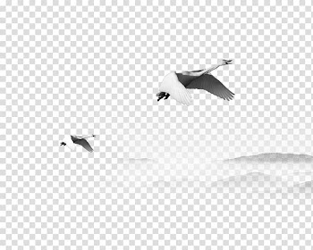 White Bird Beak Pattern, Crane and mountains black and white ink decorative freshwater transparent background PNG clipart