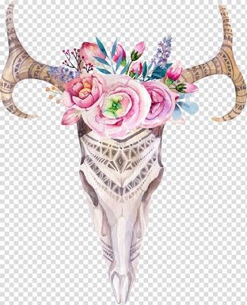 White, blue, and pink floral bull skull , Boho-chic Skull Watercolor painting , deer transparent background PNG clipart