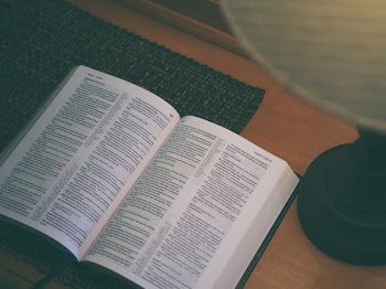 white book beside black table lamp