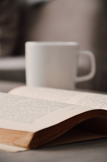 White Book Beside White Mug