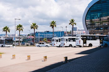 White Buses Parking Near Building