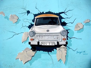 White Car Crash in Blue Wall Signature Painting