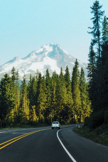 White Car on Road Near Green Trees and Snow Covered Mountain · Free Stock Photo