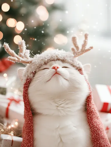 White Cat in Reindeer Hat by Christmas Tree with Gifts in Snow White Cat in Reindeer Hat by Christmas Tree with Gifts in Snow
