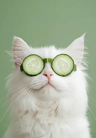 White cat relaxing with cucumber slices on eyes against olive backdrop