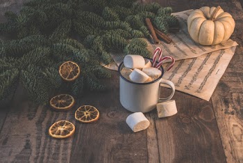 White Ceramic Mug With Coffee and Marshmallows Near Pinetree