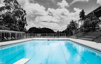 White Concrete Framed Swimming Pool Near Benches With Gate Surrounded by Trees