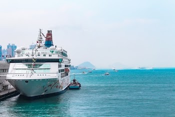 White Cruise Ship Docking in Port