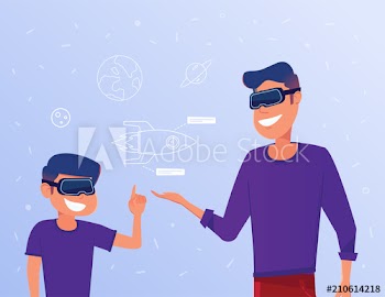 White dad and kid in VR headset with virtual rocket hud interface symbolizing virtual reality education