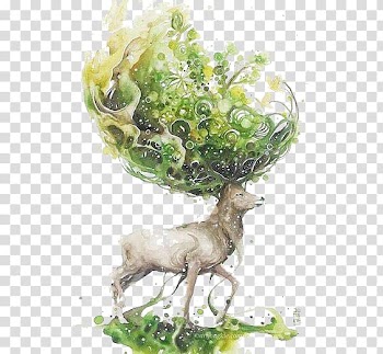 White deer with green plants on head illustration, Watercolor painting Watercolor: Animals Drawing Artist, deer transparent background PNG clipart