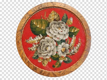 , white flowers painting with round brown wooden frame transparent background PNG clipart