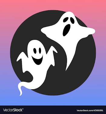 white funny ghosts on the black circle as sticker