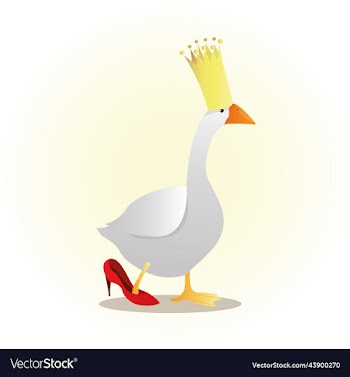 white goose in a crown and red shoes