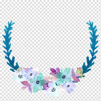 White, green, and purple petaled flowers illustration, Blue , Blue watercolor flower decorative frame transparent background PNG clipart