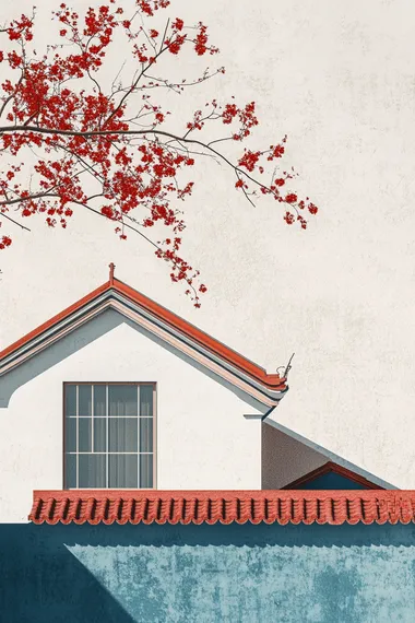 White House with Red Roof Surrounded by Red-Leaved Tree in Minimalist Style