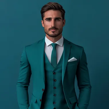 White Man in Teal Three-Piece Suit Standing Confidently Against Solid Background