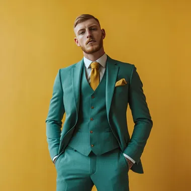 White Man in Teal Three-Piece Suit Standing Upright Against Black Background