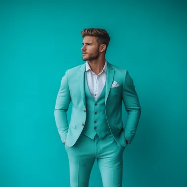 White Man in Three-Piece Teal Suit Standing Against Solid Background