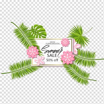 White paper with summer sale print illustration, Coconut Leaf Euclidean , Coconut leaves free to pull transparent background PNG clipart