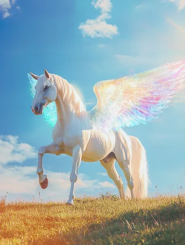 White Pegasus with Wings Running Across Grassland Under Blue Sky