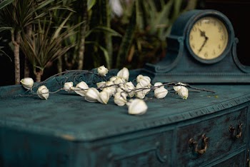 White-petaled Flowers on Blue Wooden Desk Beside Mantel Clock