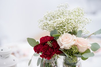 White Roses, Baby's Breath, and Red Carnation Flowers Centerpiece