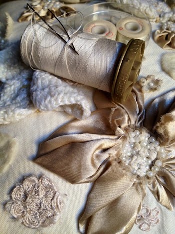 White Sewing Thread on Brown Surface