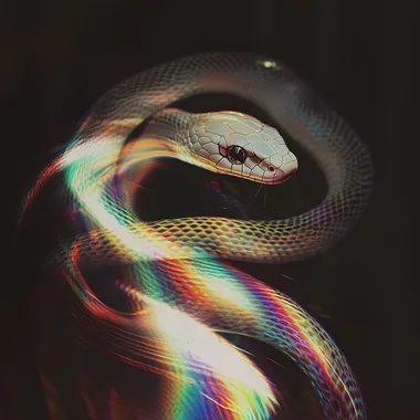 White Snake Poster Art with Rainbow Scales on Black Background