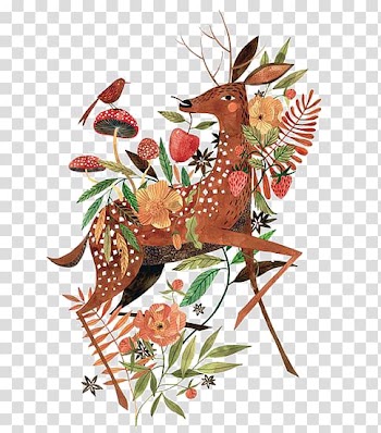 White spotted brown deer with flowers illustration, Paper Painting Illustration, deer transparent background PNG clipart