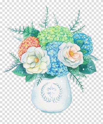 White, teal, and green flowers illustration, Vase Flower Floral design, Watercolor flowers transparent background PNG clipart