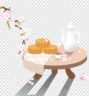 White teapot and brown table illustration, Mooncake Mid-Autumn Festival Cartoon u0e01u0e32u0e23u0e4cu0e15u0e39u0e19u0e0du0e35u0e48u0e1bu0e38u0e48u0e19, Hand-painted Mid Autumn Festival moon cake transparent background PNG clipart