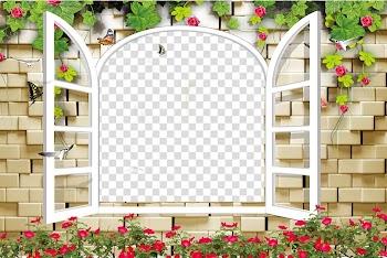 White window with flowers illustration, Window Paper Wall painting , Brick window flower vine transparent background PNG clipart