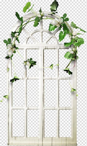 White wooden arch window frame with flowers accent illustration, Room Digital , open door transparent background PNG clipart