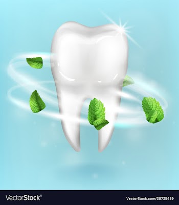 whitening tooth ads with mint leaves on blue