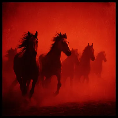 Wild Horses in a Barren Wasteland Under an Apocalyptic Sky