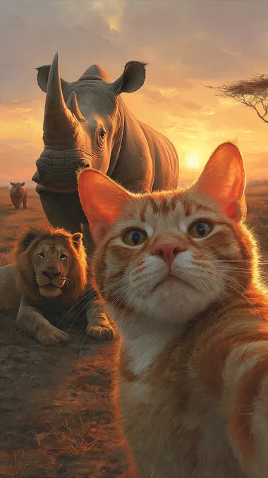 Wildlife Selfie: Cat, Lion, and Rhino in Sunset