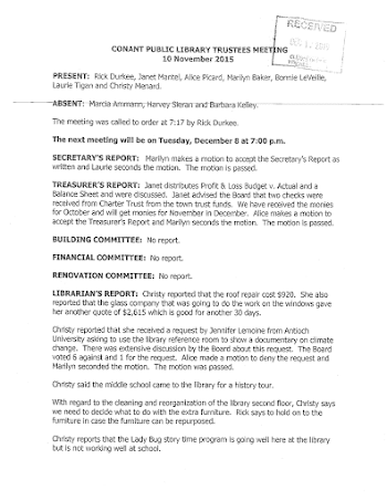 Winchester, NH - Conant Library Minutes 11-10-15