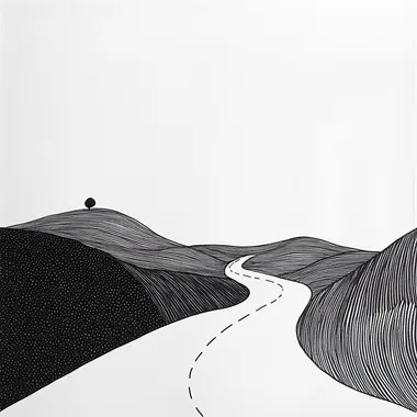 Winding Road Line Drawing in Minimalist Black and White Style