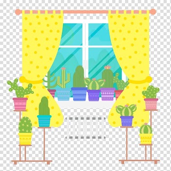 Window Curtain Illustration, Cactus and windows transparent background PNG clipart