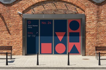 Window Sign PSD Mockup no. 24 your name here entry open - close 9:00 - 17:00 