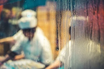 window view of vendors outside
