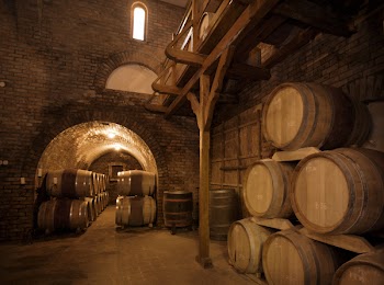Wine barrels stacked in the old cellar of the vinery.