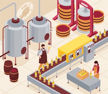 Wine manufacturing with pressing of grapes bottling conveyor and aging of drink in barrels isometric illustration Free Vector
