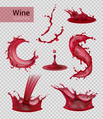 Wine splash realistic set of isolated sprays of liquid red wine with drops on transparent illustration Free Vector